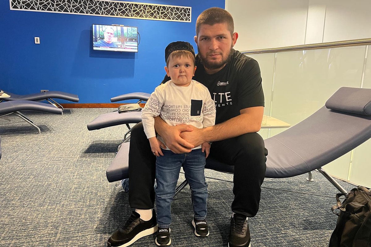 Hasbulla posing with former MMA fighter Khabib Nurmagomedov.