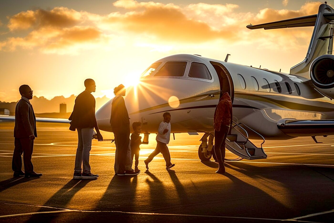 People boarding a private jet at sunset 