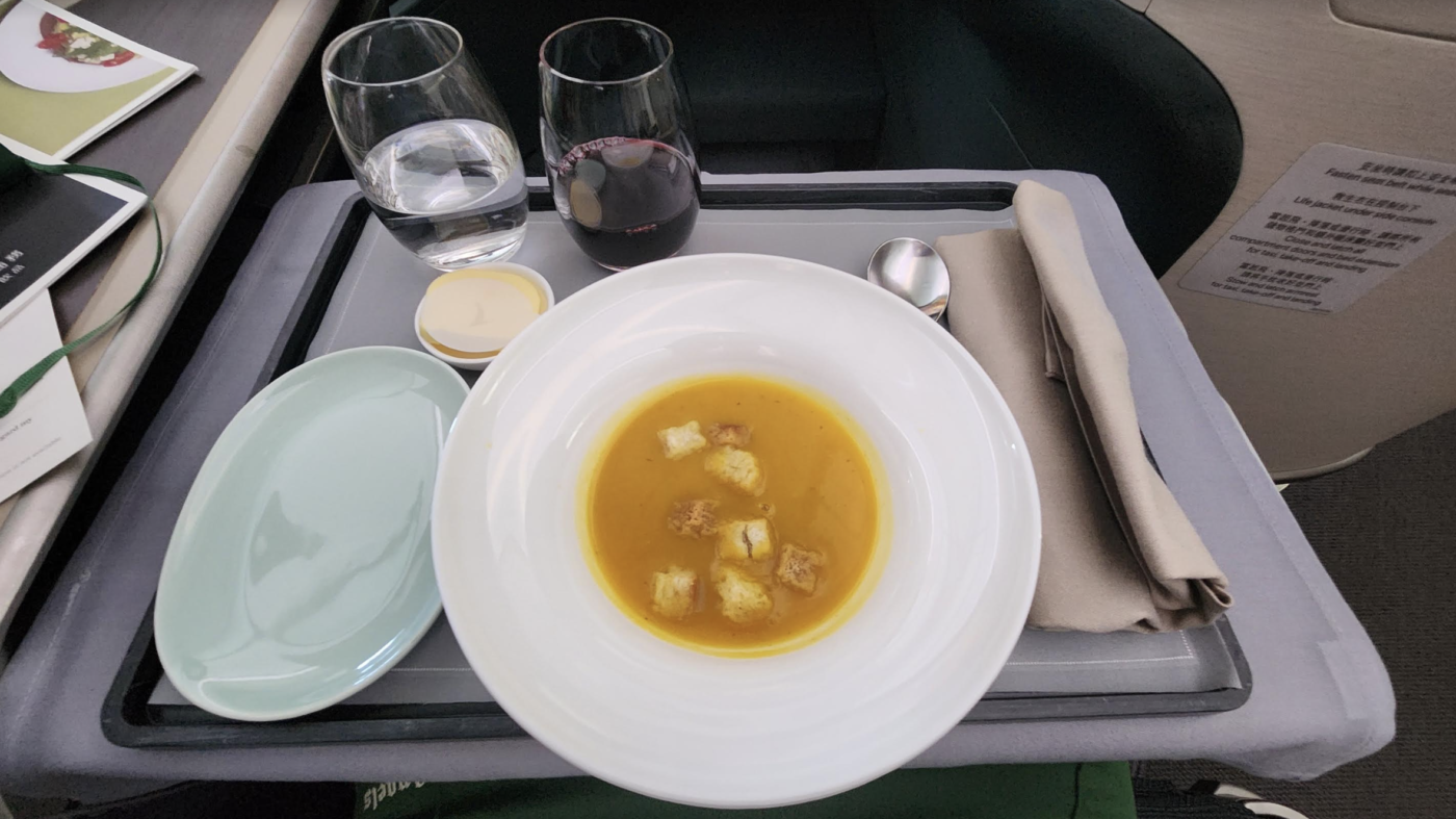 Soup and wine on Cathay Pacific business class 